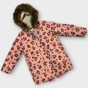 Boden Girls Leopard Print Hooded Parka Jacket Youth 7/8 Faux Fur Lined G02